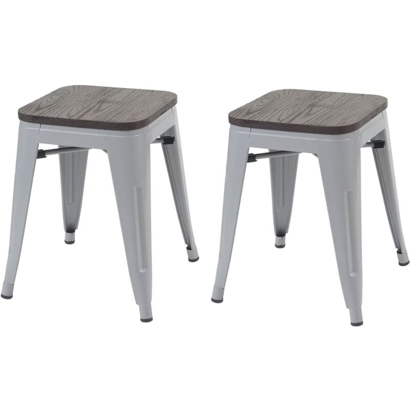 Lot de 2 tabourets bas assise en bois empilable en métal design industriel en métal gris 040000500