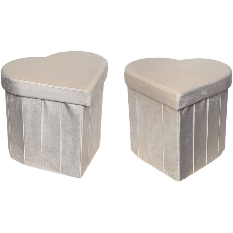 Lot de 2 tabourets-coffre pliables pour enfant avec assise en velours beige et en forme de cœur
