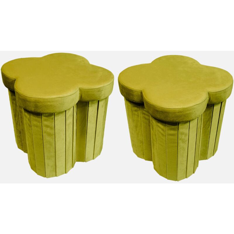 Lot de 2 tabourets-coffre pliables pour enfant avec assise en velours vert et en forme de fleur