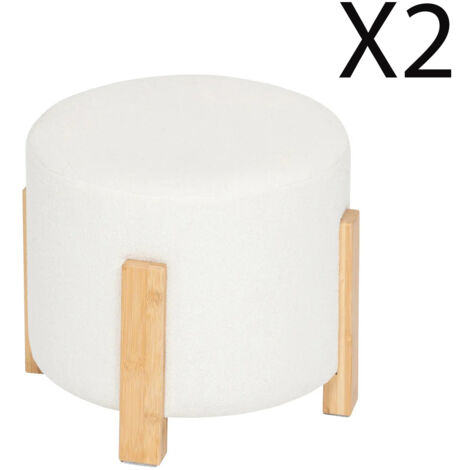 Lot de 2 tabourets d'appoints en bois naturel et tissu coloris Blanc - diamètre 37,5 x Hauteur 32 cm