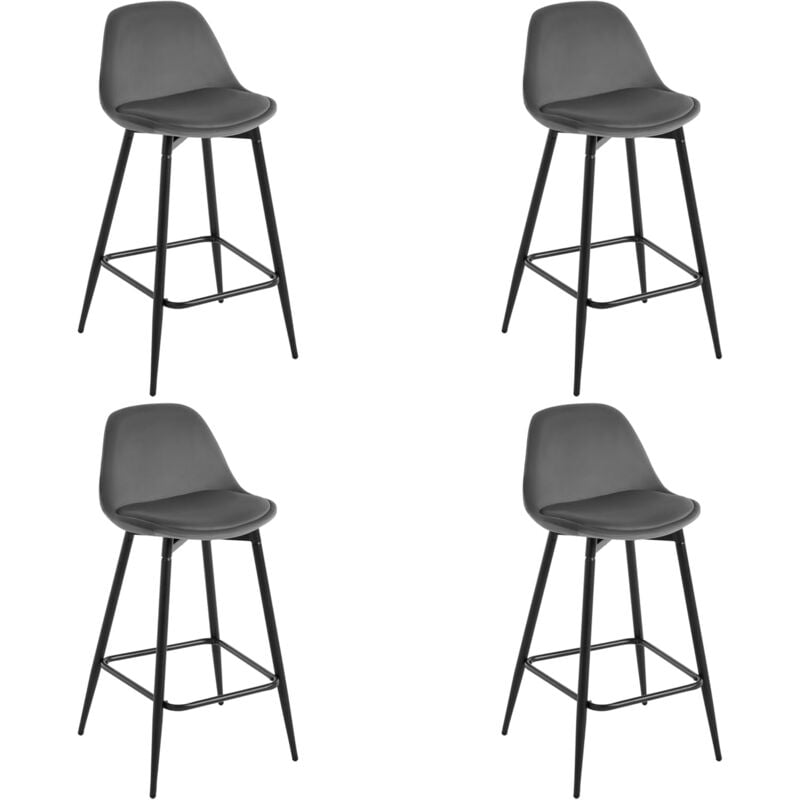 Lot de 4 Tabourets de Bar 42x43x86.5 cm Klihome, Tabouret de Cuisine avec Dossier, Siège en Velours et Cadre en Métal avec Repose-Pieds, Gris foncé