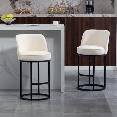 Lot de 2 tabourets de bar assise rembourrée en lin, dossier ergonomique, pieds métal noirs, 46,5×49,5×88,5 cm, beige