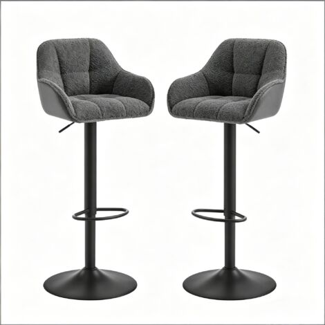 Lot de 2 tabourets de bar avec accoudoirs courbés et dossier, pieds métal noir, gris foncé