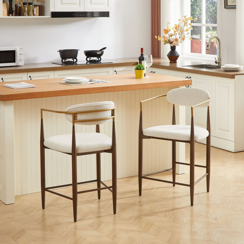 Lot de 2 tabourets de bar avec accoudoirs, style campagne moderne, cadre métal marron foncé, assise tissu beige