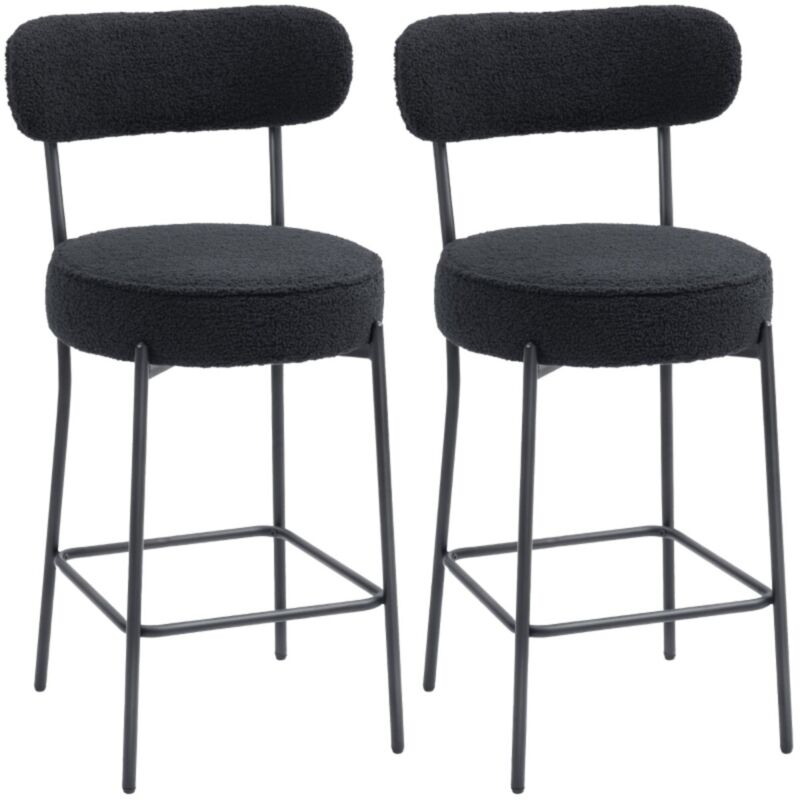 Lot de 2 tabourets de bar avec assise et repose-pieds rembourrés - Housse en polaire, structure métal noire 52x49x95cm