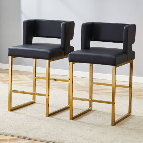 Lot de 2 tabourets de bar avec coussin, pieds en métal dorés, noir