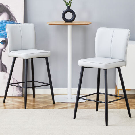 Lot de 2 Tabourets de Bar avec Dossier Ergonomique et Repose-Pieds Carré, Métal et Similicuir, Noir et Gris Clair
