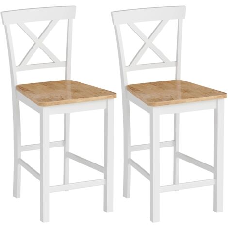 Lot de 2 tabourets de bar avec dossier et repose-pieds, bois d'hévéa, pour cuisine, salon, bar, chêne et blanc