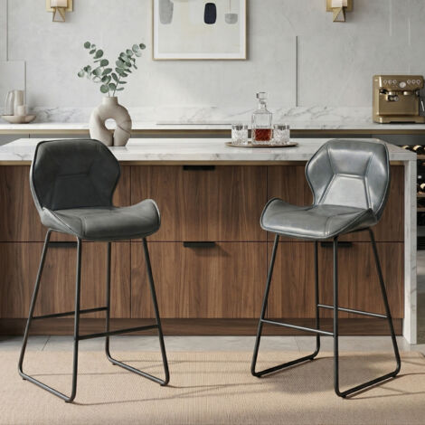 Lot de 2 tabourets de bar avec dossier et repose-pieds, en métal gris