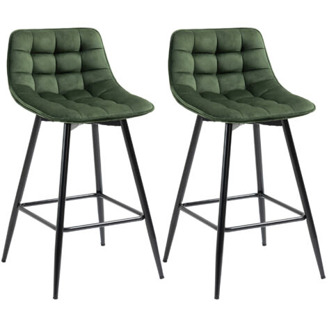 Lot de 2 Tabourets de Bar avec Dossier et Repose-pieds, Style Scandinave en Métal et Velours, Vert, 45x47x84 cm