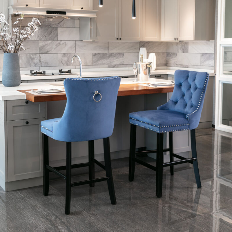Lot de 2 tabourets de bar avec dossier rembourré, en velours, pieds en bois, bleu
