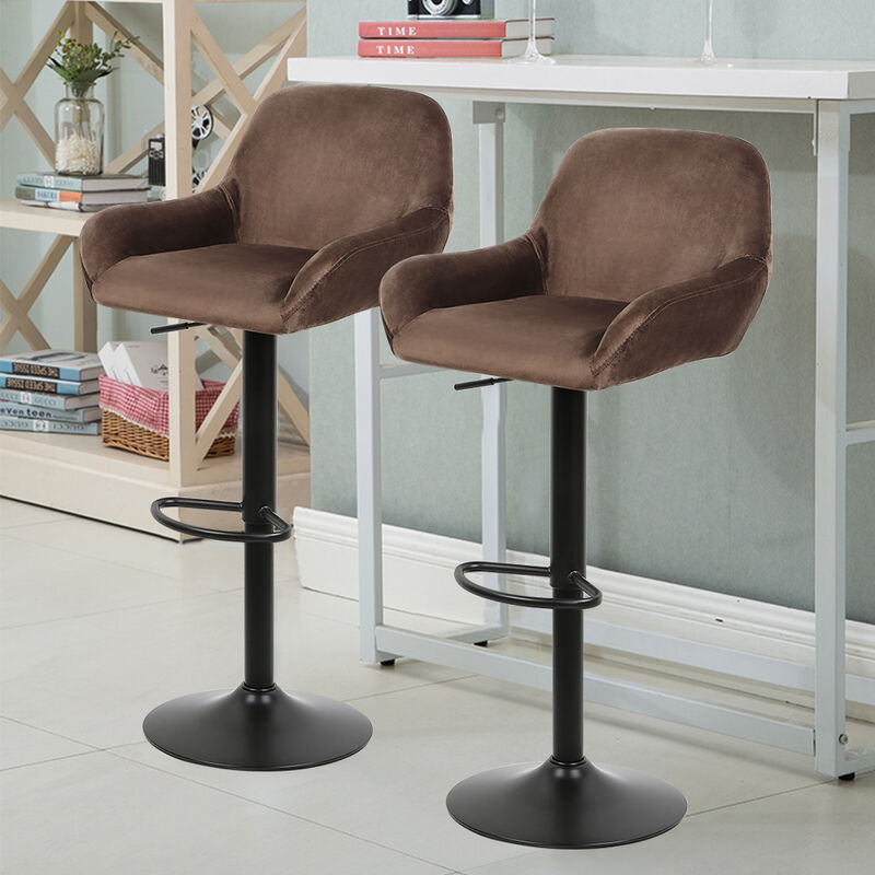 Sifree - Tabourets de Bar Lot de 2 Tissu Velours Brun avec Dossier et Accoudoirs, Tabourets Hauts Supportés, Pieds en Métal Noir, Chaises Comptoir