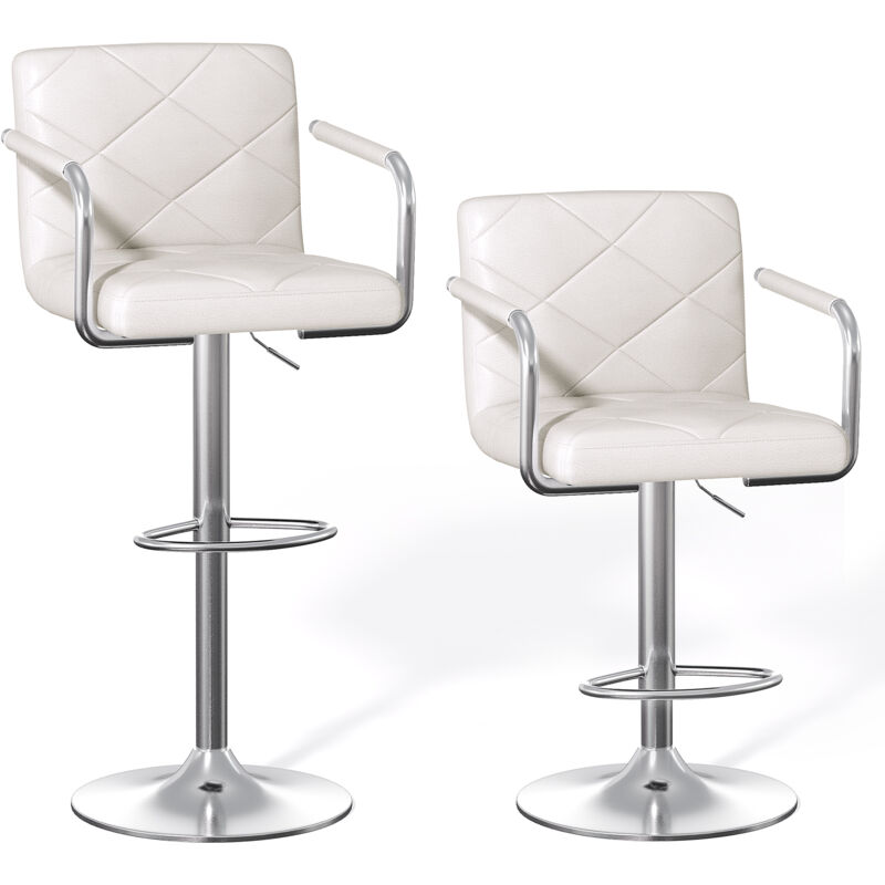 Bealife - Lot de 2 Tabourets de Bar Chaise Cuir pu Métal Hauteur Réglable avec Bras et Dossier Pivotant 360° Repose Pied Blanc