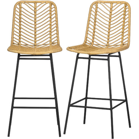 Lot de 2 tabourets de bar bohème 66 cm avec repose-pieds métal et rotin synthétique - naturel