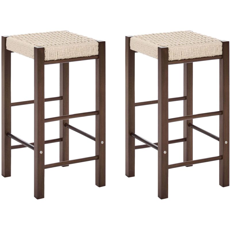 Lot de 2 Tabourets de Bar Bohème en Bois d'Hévéa avec Assise Tressée Cuisine Salle à Manger Marron Foncé Embrun