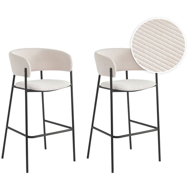 Loungitude - Lot de 2 tabourets de bar bold en velours côtelé avec pieds noirs - Beige