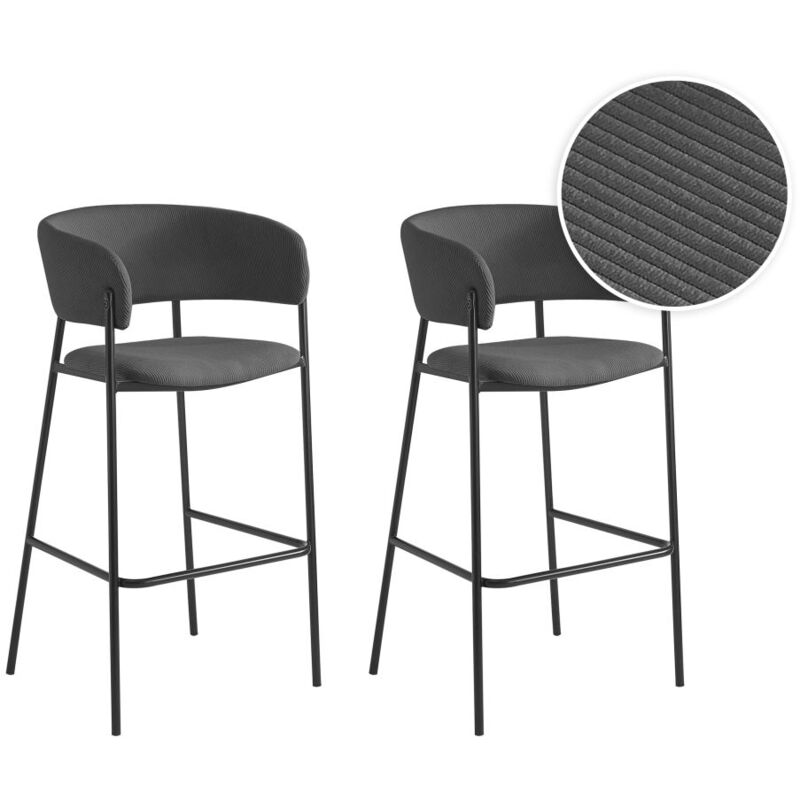 Loungitude - Lot de 2 tabourets de bar bold en velours côtelé avec pieds noirs - Gris foncé