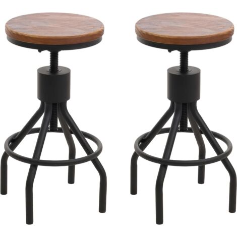 Lot de 2 tabourets de bar chaise haute design industriel réglable en hauteur repose-pieds rotatif métal noir et bois massif marron TDB04082