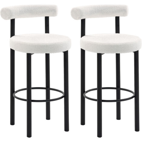 Lot de 2 tabourets de bar, chaises de bar en tissu bouclette avec dossier incurvé, repose-pieds, 50x52,5x98cm, blanc