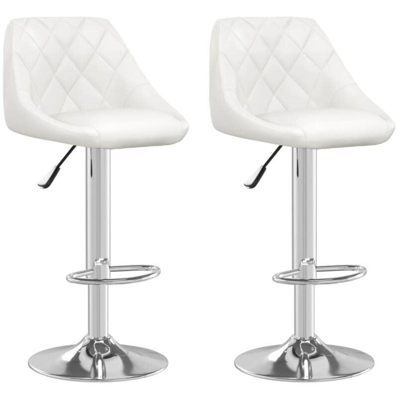 Lot de 2 tabourets de bar chaises hautes avec coutures losange siège en PVC blanc cadre en acier DEC029618