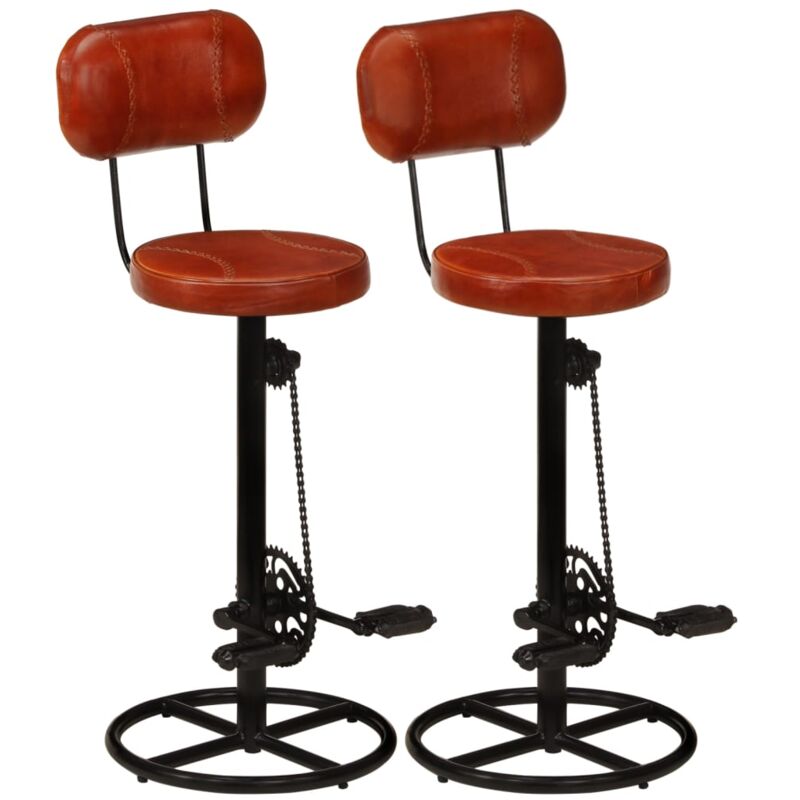 Décoshop26 - Lot de 2 tabourets de bar chaises hautes en cuir de chèvre véritable marron et fer noir pédales de vélo comme repose-pieds DEC029835