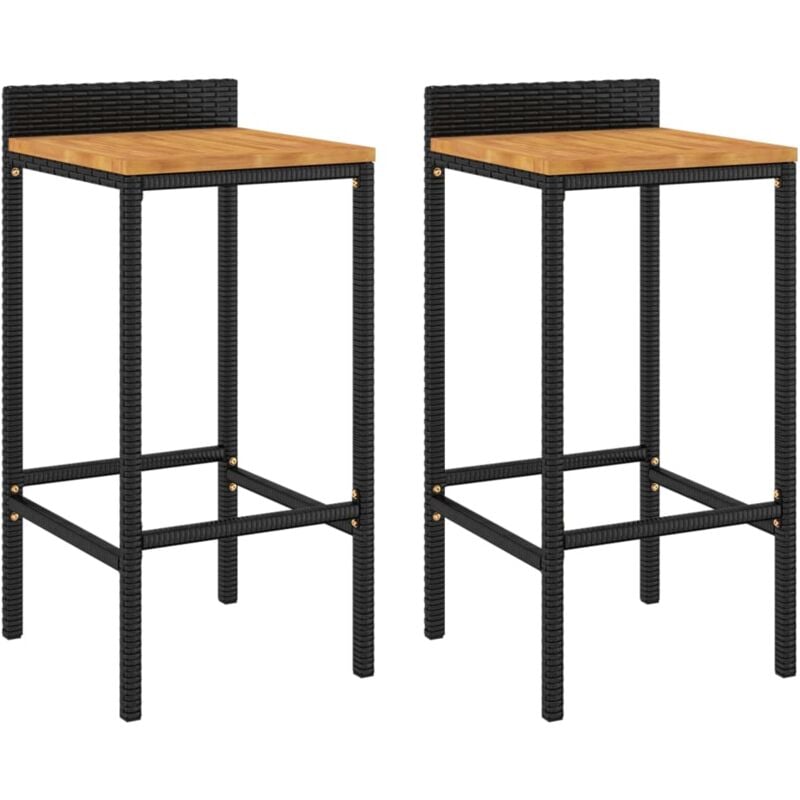 Lot de 2 tabourets de bar chaises hautes en résine tressée noir et bois d'acacia DEC029802