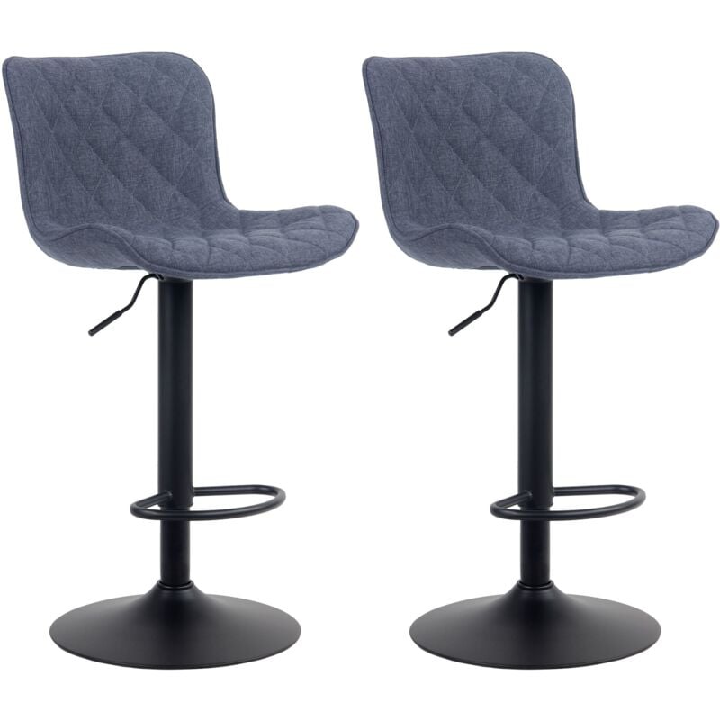 Décoshop26 - Lot de 2 tabourets de bar coutures décoratives pied trompette hauteur réglable en métal noir assise en tissu bleu 100004140