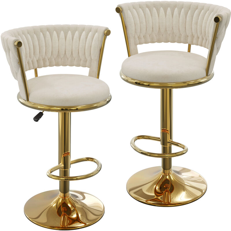 Lot de 2 tabourets de bar de luxe en velours à hauteur réglable – Pieds en métal doré, design de qualité professionnelle pour cuisine/bar/café –