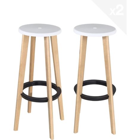 Lot de 2 tabourets de bar de style scandinave sans dossier, assise ronde, hauteur 76 cm, pieds en hêtre naturel Kibi (blanc)
