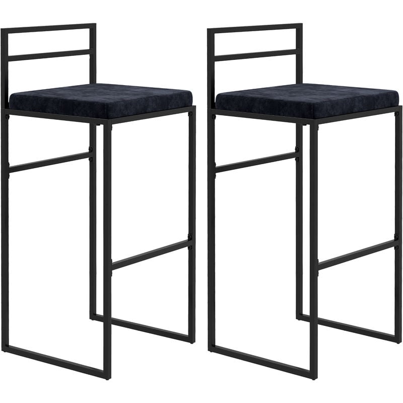 Homcom - Lot de 2 tabourets de bar design - coussin, repose-pied, dossier intégrés - acier velours noir