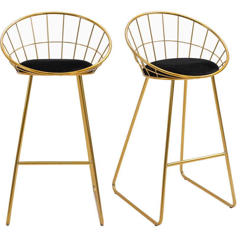 Homcom - Lot de 2 tabourets de bar design avec repose-pied structure métal et coussin velours 52,5 x 47 x 97 cm noir et doré