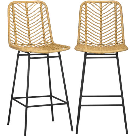 Lot de 2 tabourets de bar design bohème Hauteur 66 cm avec repose-pieds métal et rotin PE - naturel