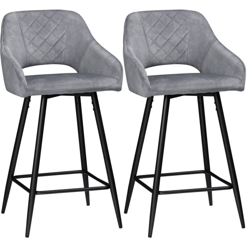 Lot de 2 tabourets de bar design Chesterfield dossier ajouré effet capitonné piètement acier effilé noir velours gris