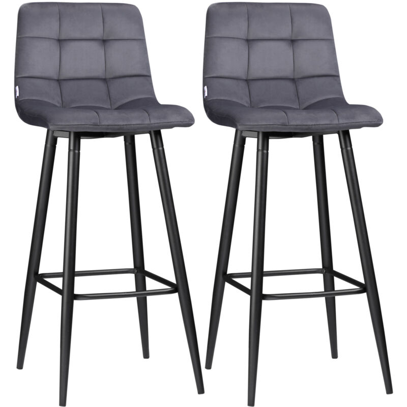 Lot de 2 tabourets de bar design Chesterfield effet capitonné piètement acier effilé noir velours gris