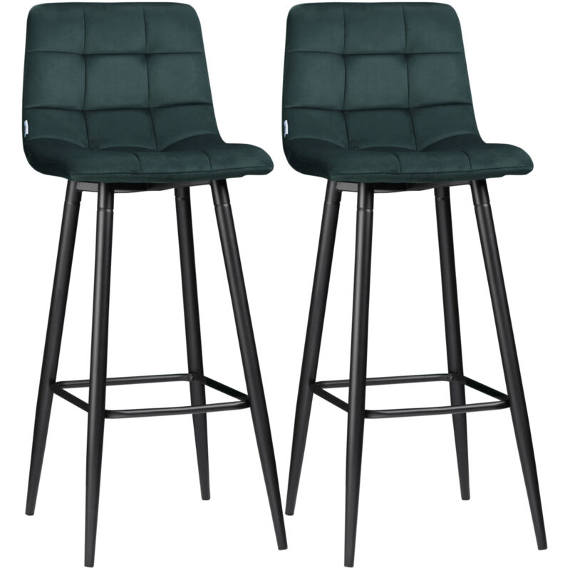 Homcom - Lot de 2 tabourets de bar design Chesterfield effet capitonné piètement acier effilé noir velours vert sapin
