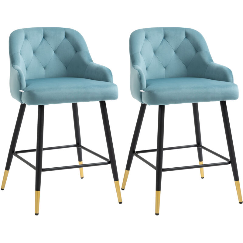 Homcom - Lot de 2 tabourets de bar design Chesterfield effet capitonné piètement métal effilé noir extrémités dorées repose-pied aspect velours bleu