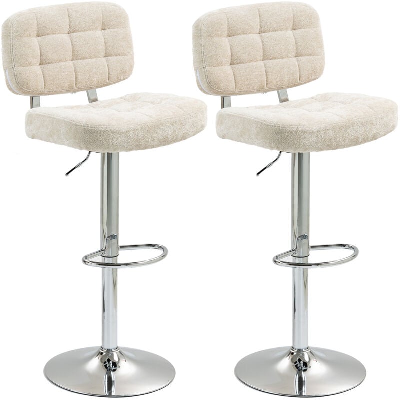 Lot de 2 tabourets de bar design Chesterfield pivotants réglables acier chromé tissu chenille beige