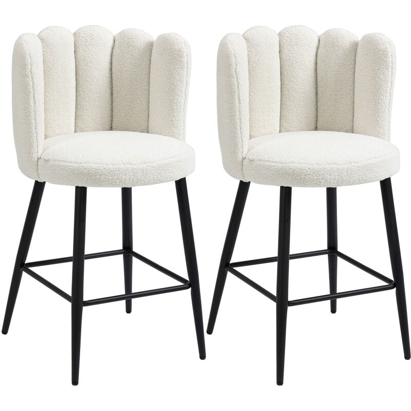 Lot de 2 tabourets de bar design contemporain - repose-pied - acier noir revêtement effet laine bouclée blanc