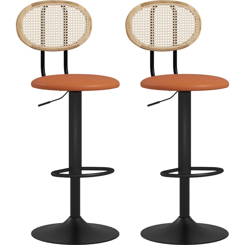 Lot de 2 tabourets de bar design néo-rétro - hauteur réglable, pivotant - acier pu rotin