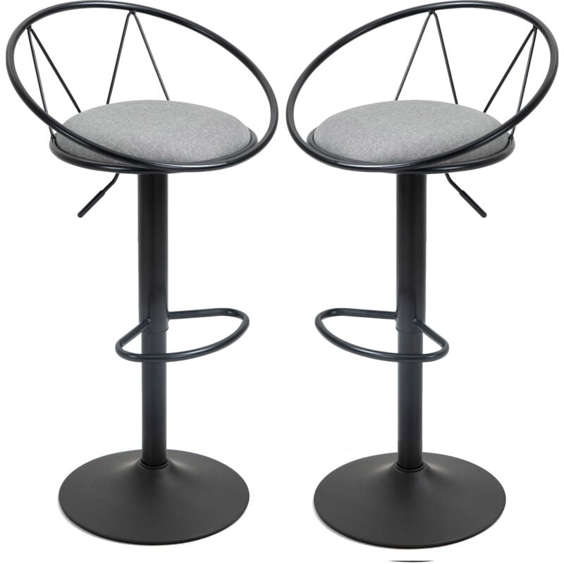 Homcom - Lot de 2 tabourets de bar design néo-rétro réglable pivotant avec repose-pied métal noir lin gris