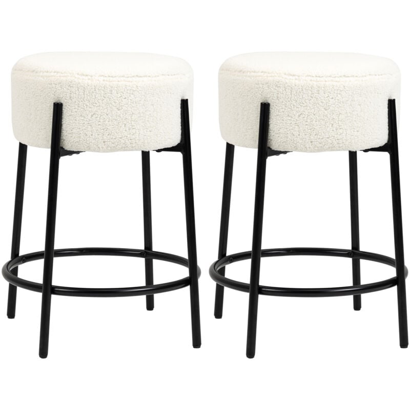 Homcom - Lot de 2 tabourets de bar design - repose-pied - acier noir revêtement effet laine bouclée blanc