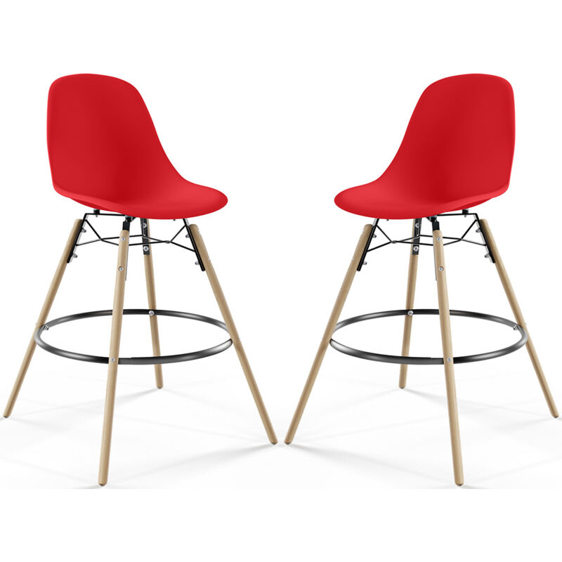 Privatefloor - Tabouret de Bar - Design Scandinave - Pieds en Bois - Lot de 2 - Skögur Rouge