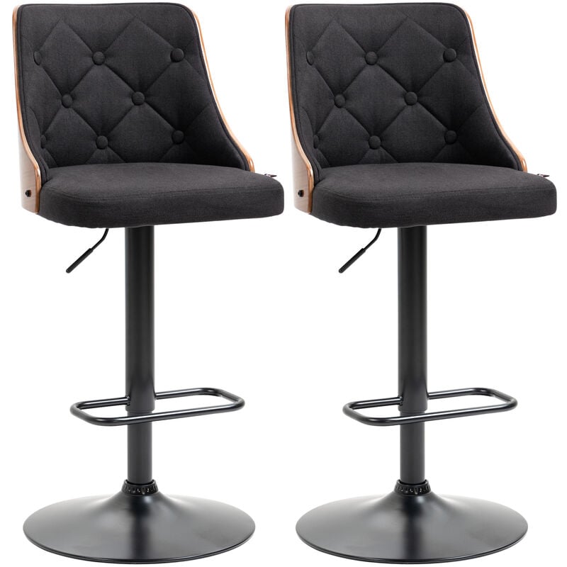 Lot de 2 tabourets de bar design vintage Chesterfield réglable pivotant 360° bois acier lin noir