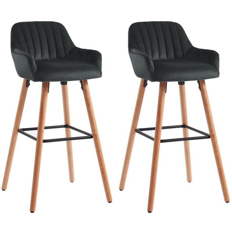 Vente-unique - Lot de 2 tabourets de bar en velours et pieds bois de hêtre - Noir - eleana