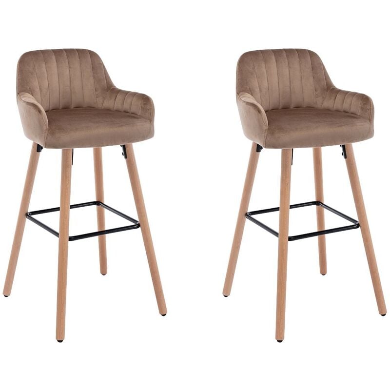 Vente-unique - Lot de 2 tabourets de bar en velours et pieds bois de hêtre - Beige - eleana