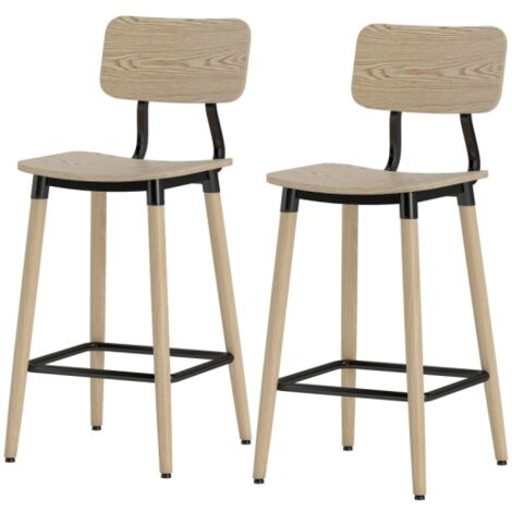 Lot de 2 tabourets de bar en acier finition bois, avec dossier et repose-pieds, style scandinave, naturel