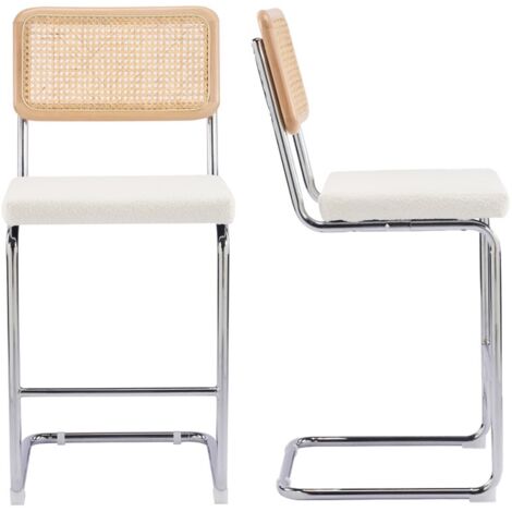 Lot de 2 tabourets de bar en cannage et tissu bouclé beige - Muse