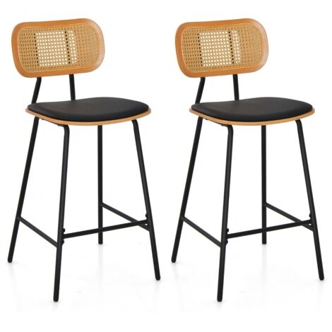 Lot de 2 Tabourets de Bar en Métal Siège en Simili Cuir Hauteur d'Assise 65,5cm Dossier Design Cannage Tabouret Cuisine Industriel Noir