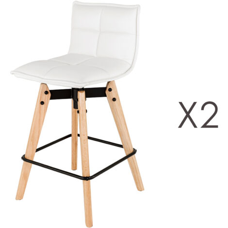 Lot de 2 tabourets de bar en PU blanc et pieds chêne - KALMAR