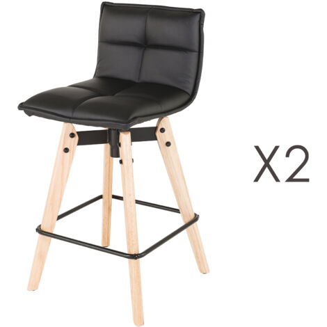 Lot de 2 tabourets de bar en PU noir et pieds chêne - KALMAR